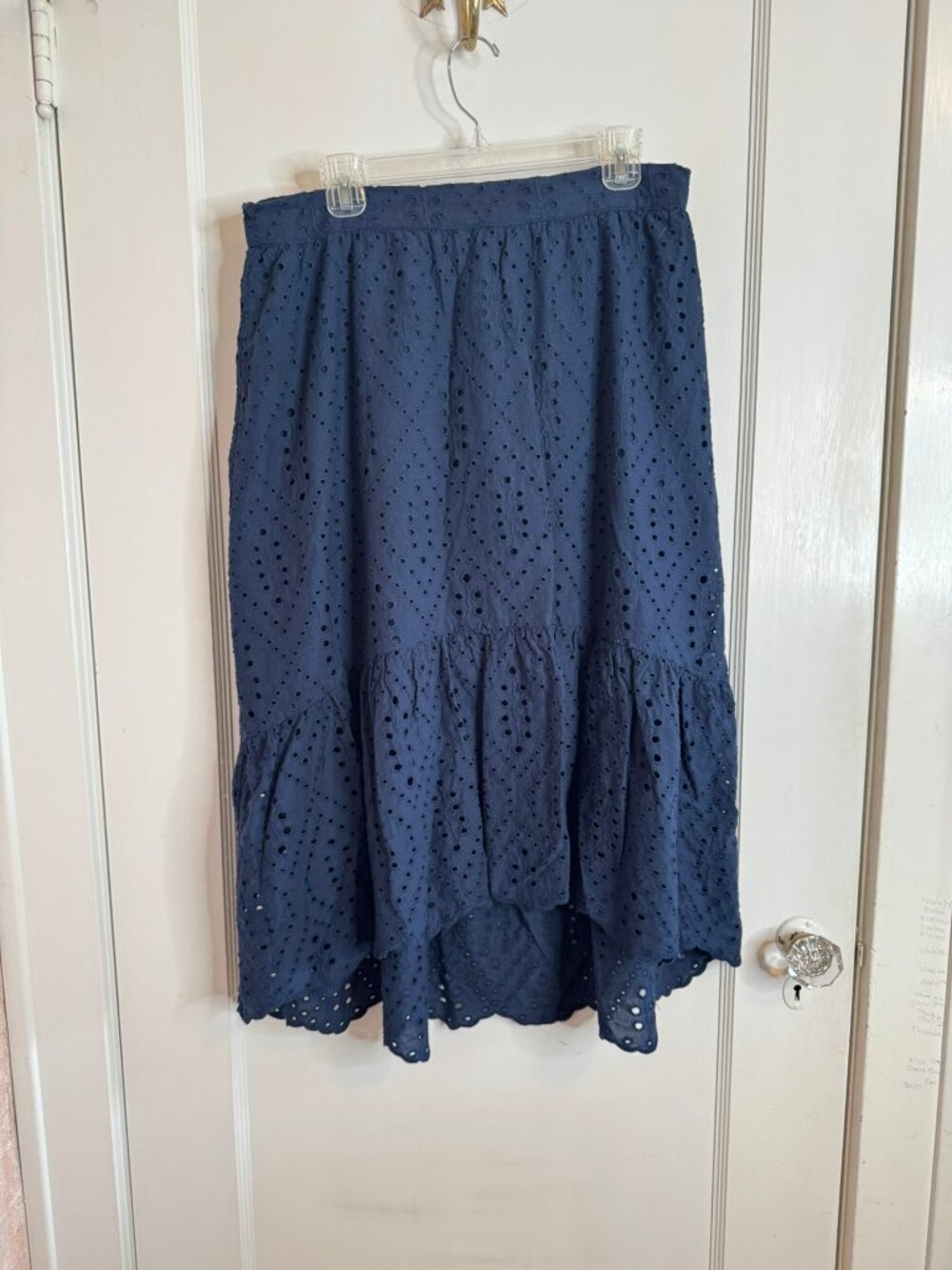 Joie Navy Dark Blue Cotton Eyelet Midi Tiered High Low Skirt sz L